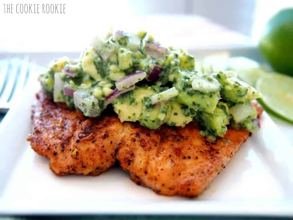 Grilled Salmon recipe topped with avocado salsa