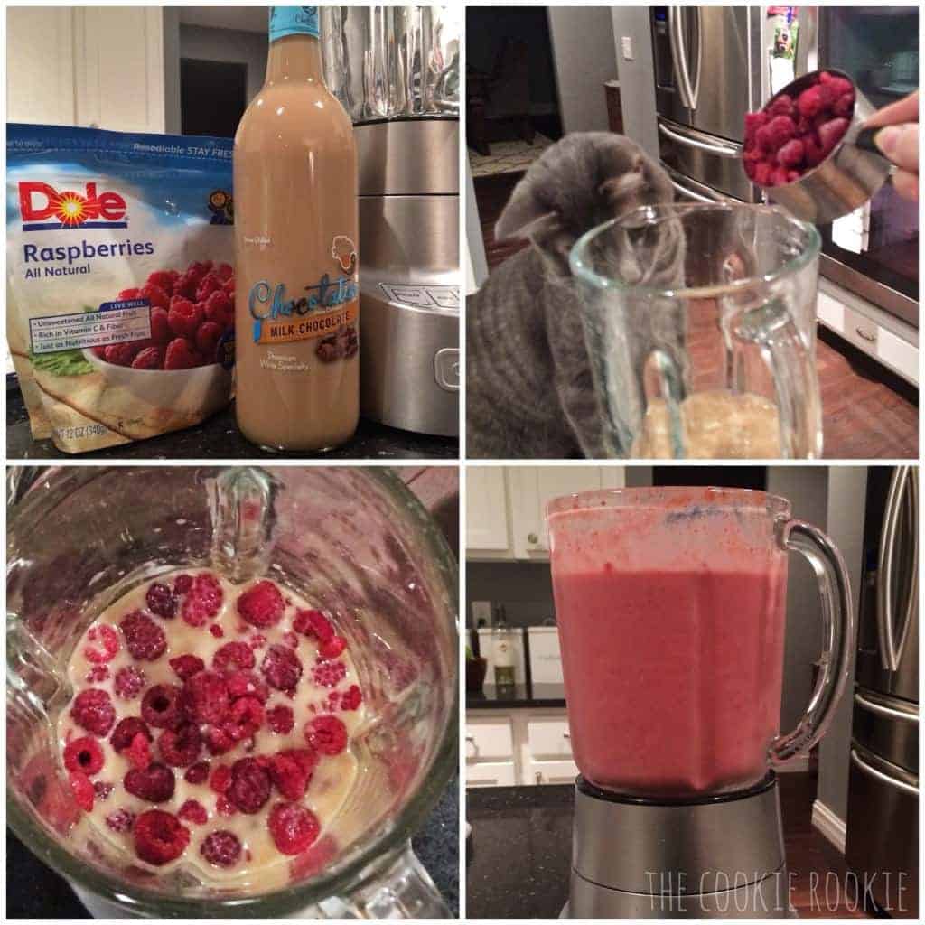 Montage shots of making Raspberry Chocolate Wine Smoothies.