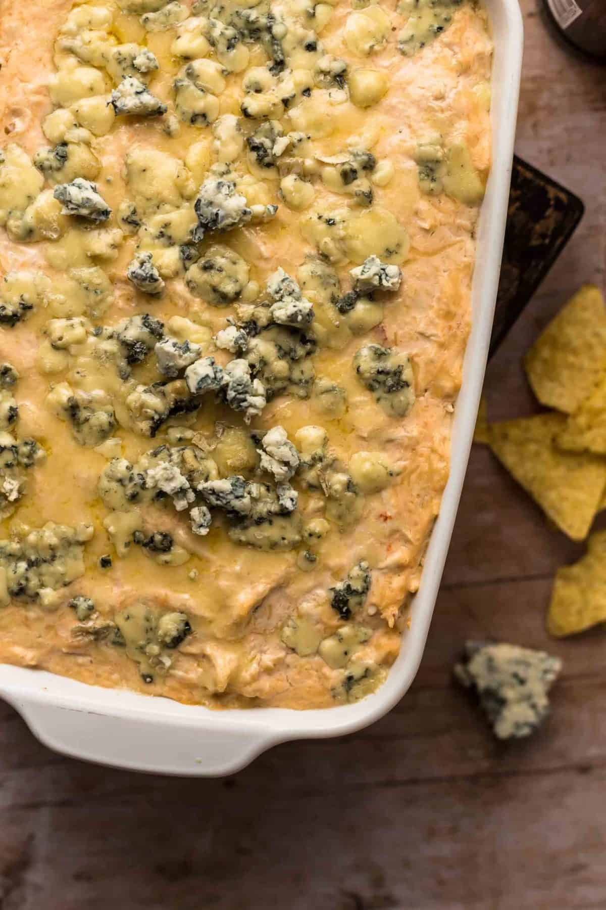 Buffalo chicken dip topped with blue cheese.