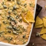 beer cheese buffalo chicken dip in a serving dish with a chip