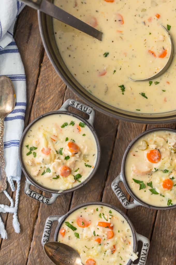 The best chicken soup in serving bowls and large cooking pot