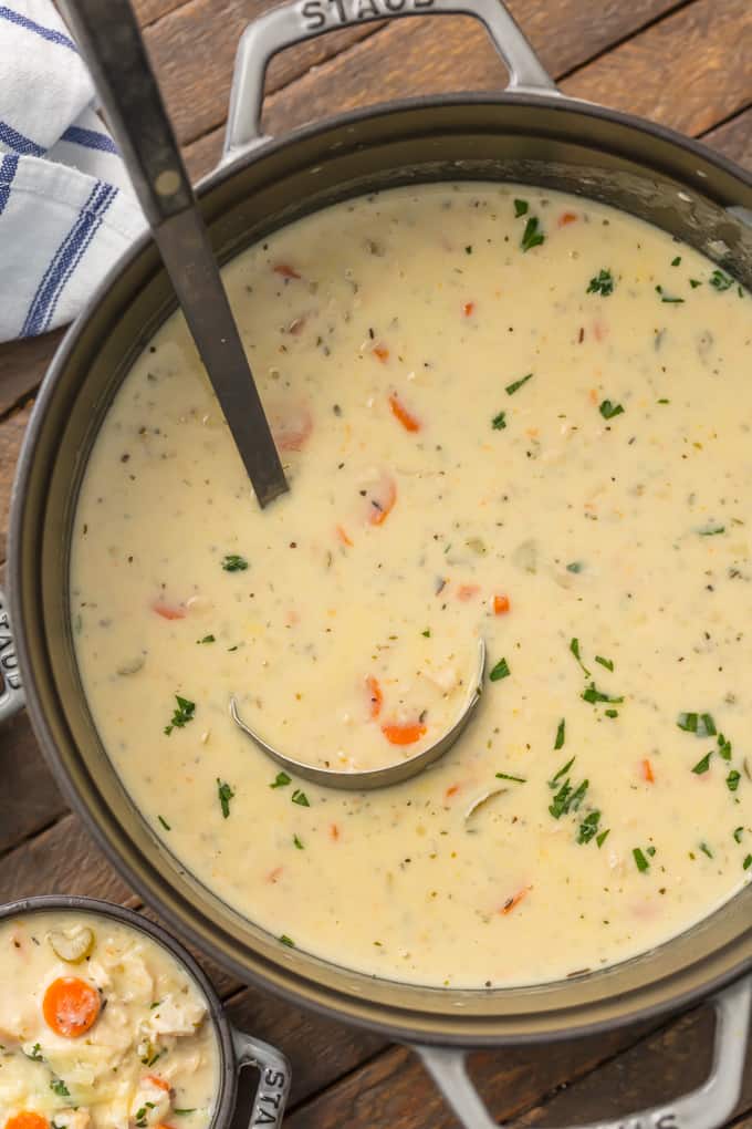 Creamy Chicken Soup in large pot with a ladle