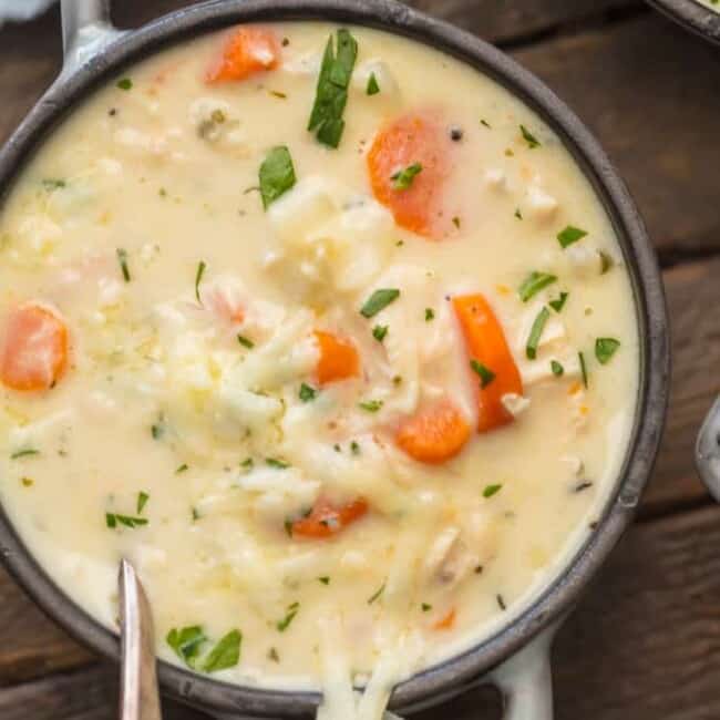 This CREAMY CHICKEN SOUP is my absolute favorite soup on the planet! This is the best soup ever. Everyone always asks for this EASY recipe! The ultimate comfort food for Fall!