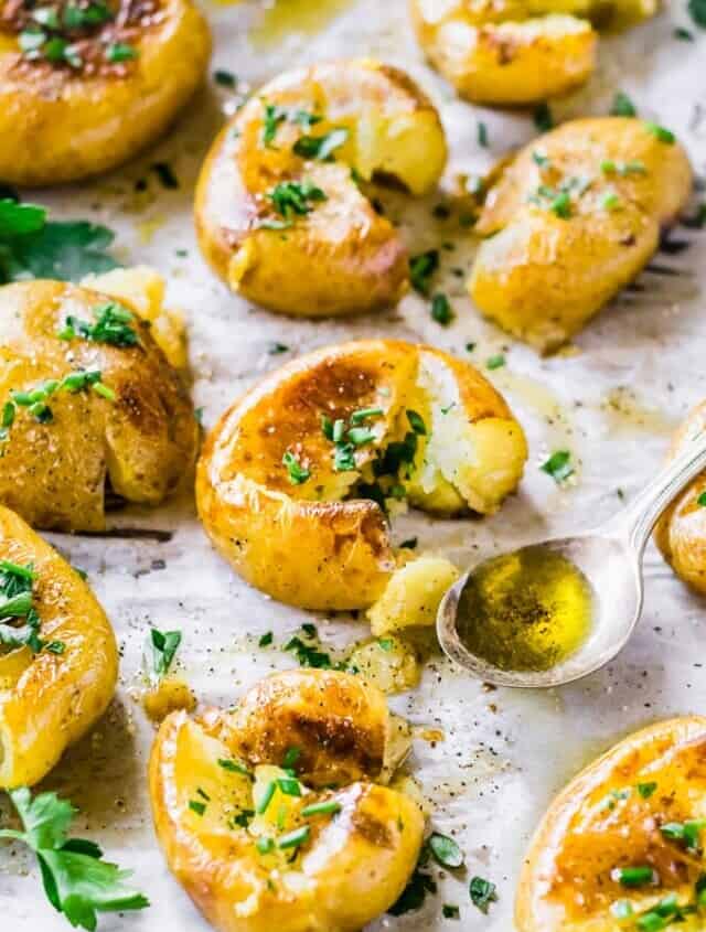 This Smashed Potatoes Recipe is a fun little side dish. They're nice and soft with just a little bit of crispy coating from the skin. I love using baby potatoes for these smash potatoes because they're the perfect size. Smashed Baby Potatoes are like a mix between fries and mini baked potatoes...or somewhere in between! They are just so tasty!