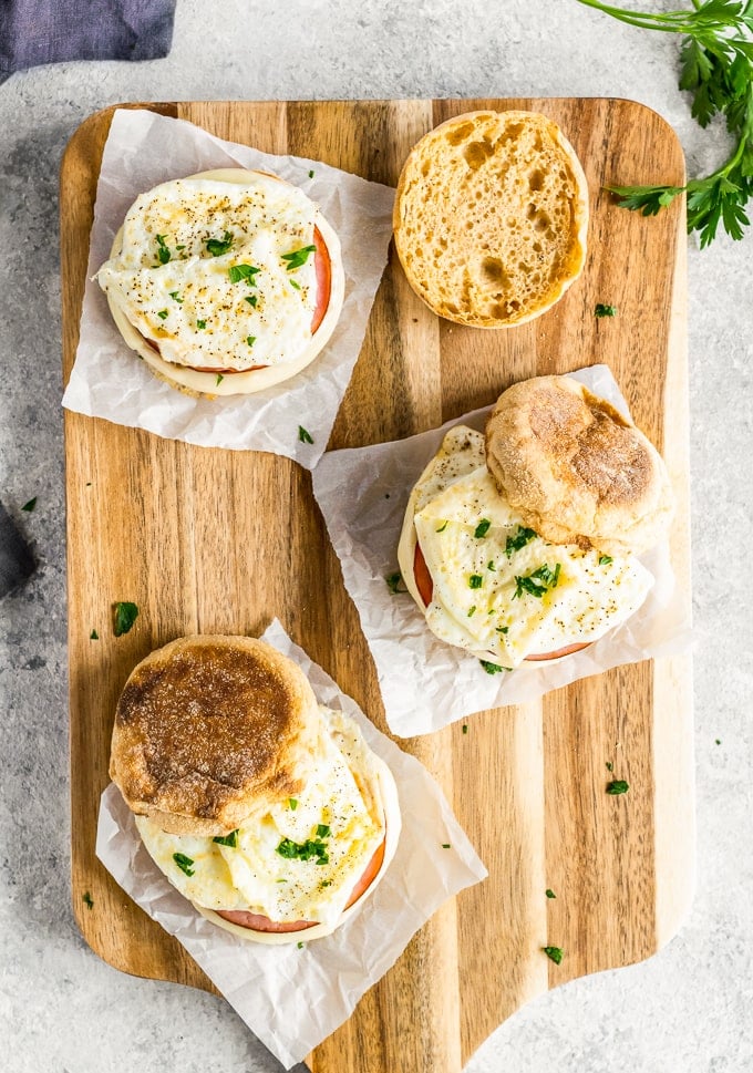 Overhead view of three Egg White Delight sandwiches.