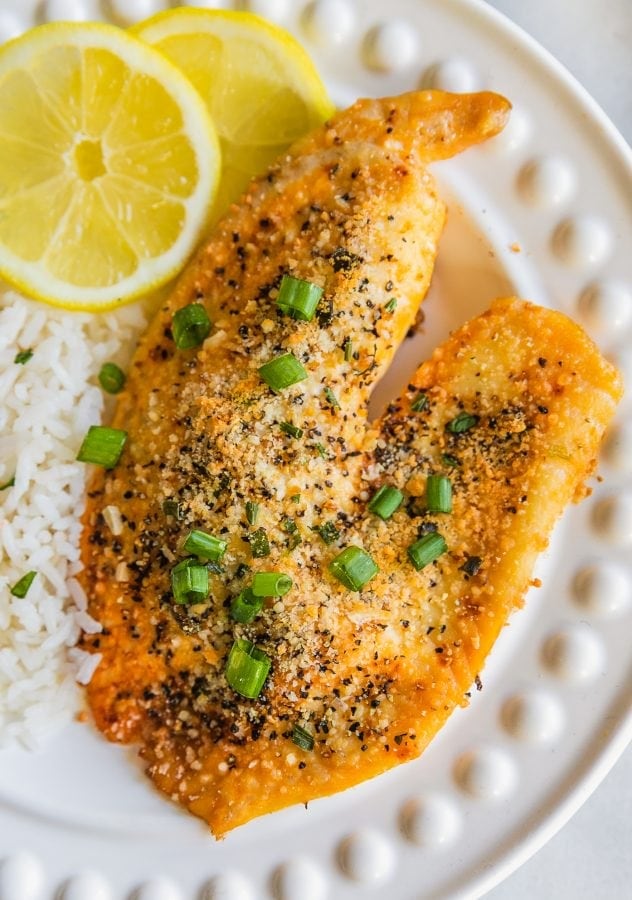 close up on a baked tilapia filiet coated in parmesan