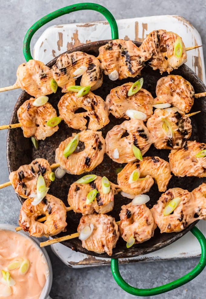 shrimp skewers on a pan