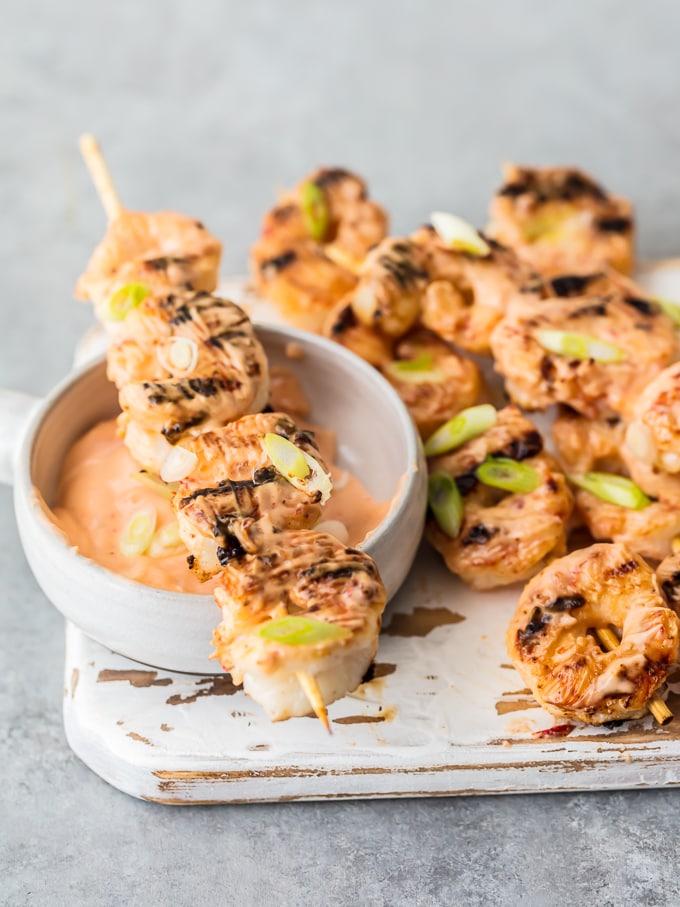shrimp on skewers with bang bang sauce