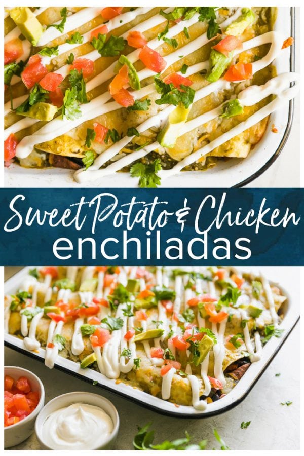 CHICKEN AND SWEET POTATO ENCHILADAS are a healthy and delicious way to enjoy Mexican night! We love these tasty sweet potato black bean enchiladas and make them on the regular. This Chicken and Sweet Potato recipe is filled with vegetables and all kinds of good stuff. They are definitely a new favorite!