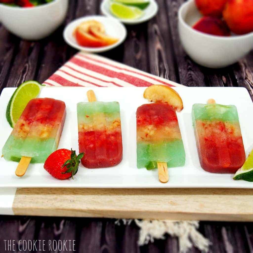 Layered Margarita Popsicles with Strawberry, White Peach, and Lime Margaritas!! Cinco de Mayo! {The Cookie Rookie}
