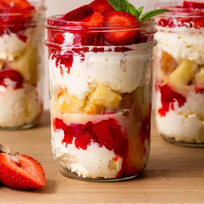 clear jars of strawberry shortcake cups