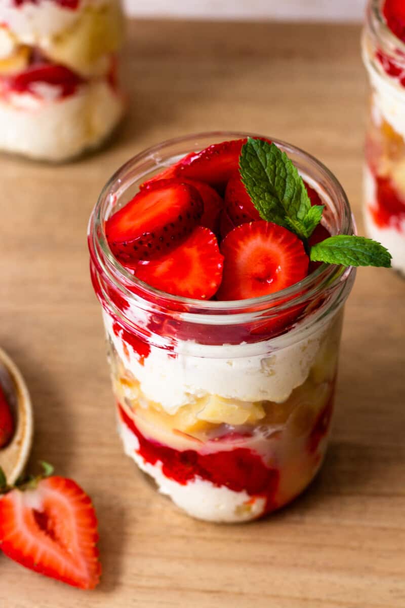 easy strawberry shortcake cup topped with fresh mint