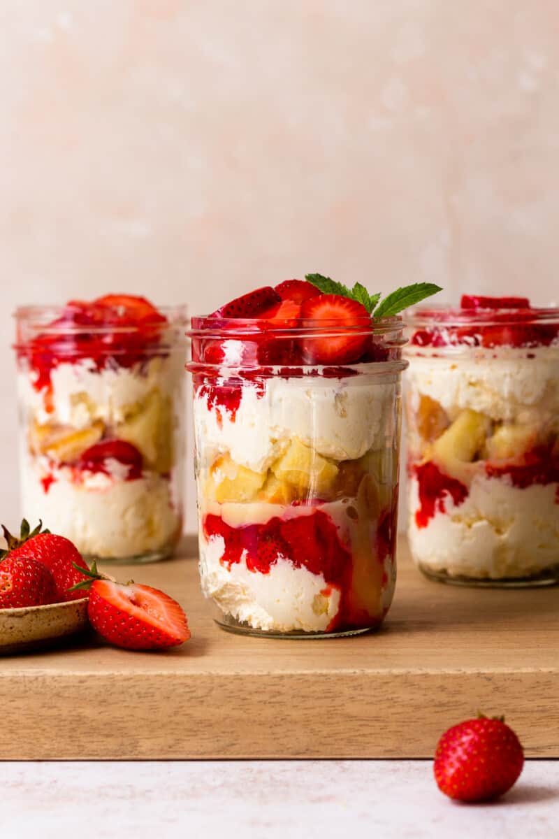 3 strawberry shortcake cups on cutting board