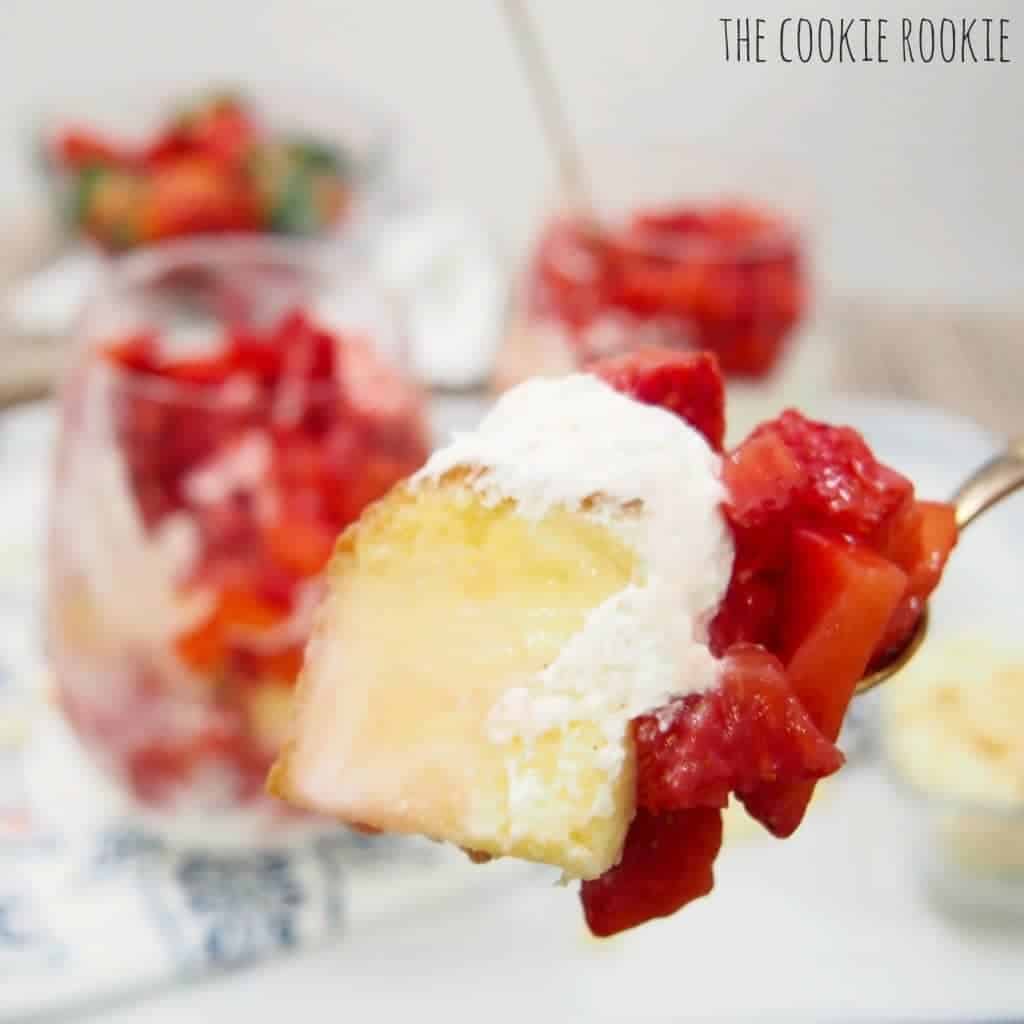 Close-up view of a spoonful of Strawberry Shortcake Cup.