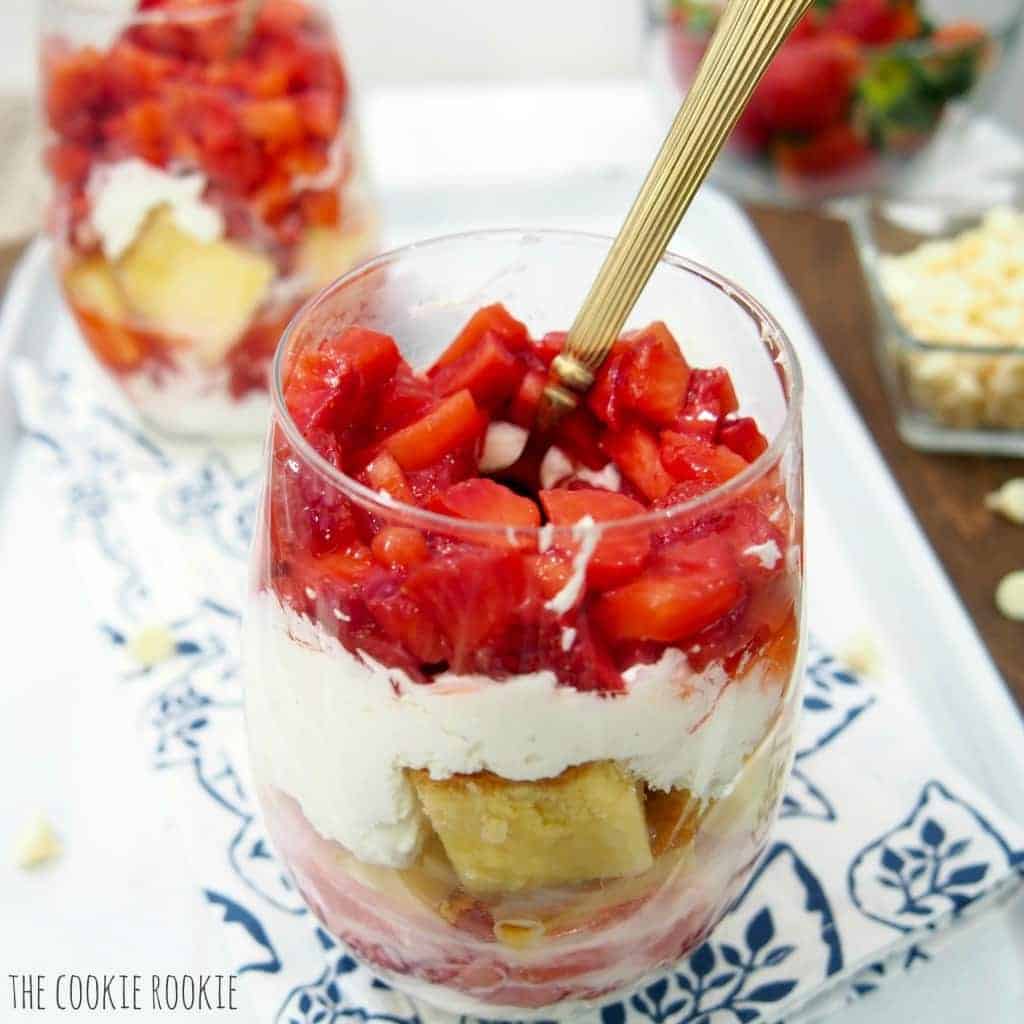 Closeup of a Strawberry Shortcake Cup with a second serving in the background.
