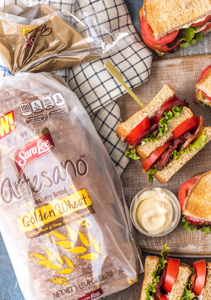 Sara Lee Artesano golden wheat break loaf next to blts