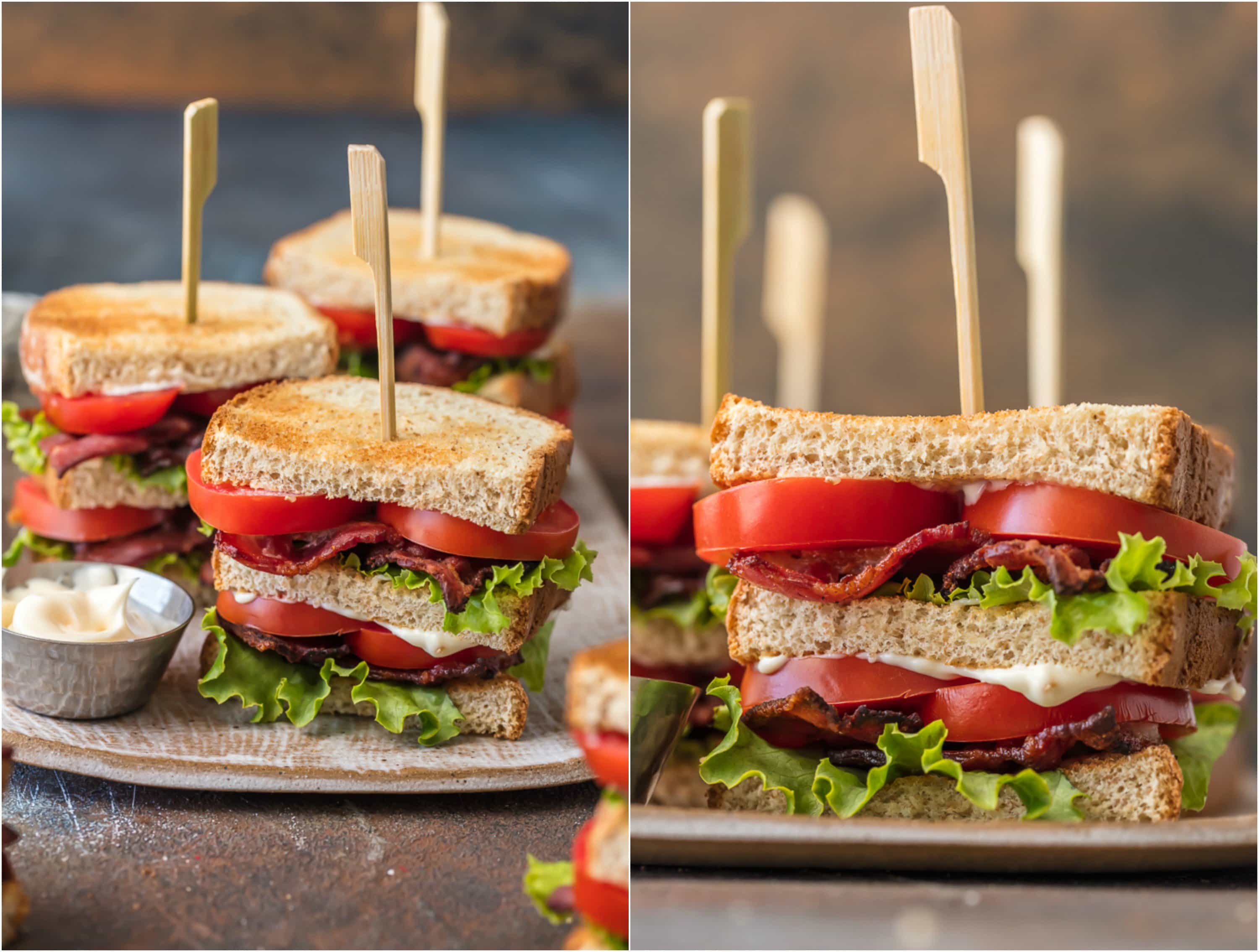 blt sandwiches on a plate with mayo