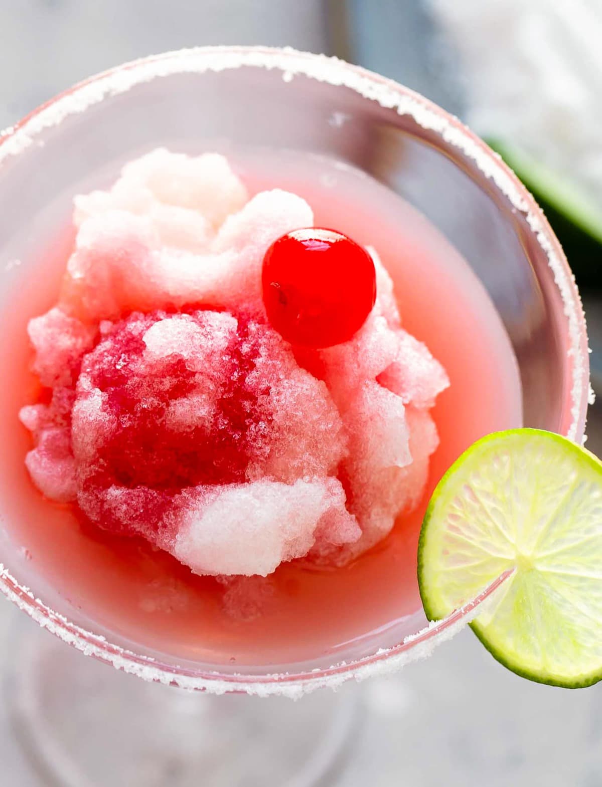 Close-up image of a Frozen Cherry Limeade Margarita.
