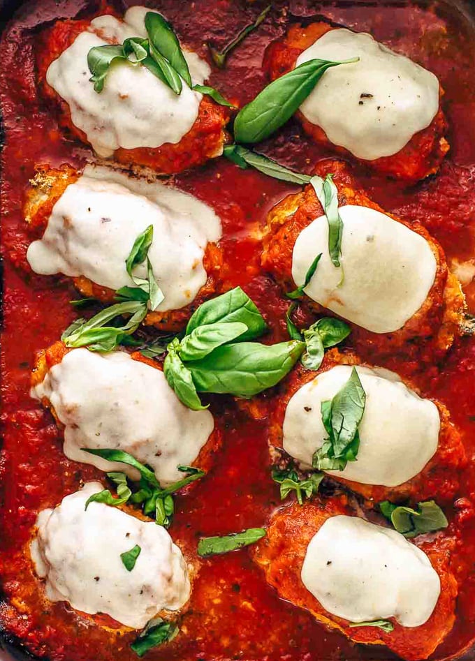 Baked chicken roll ups cooked in marinara sauce