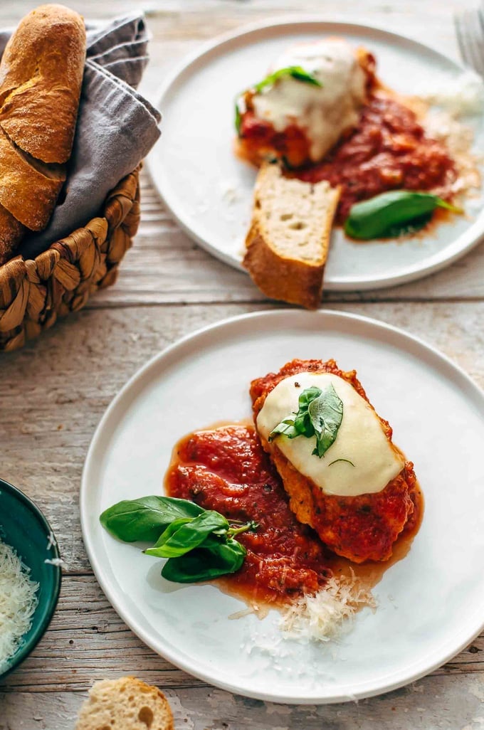 Baked chicken breast topped with marinara sauce and mozzarella cheese