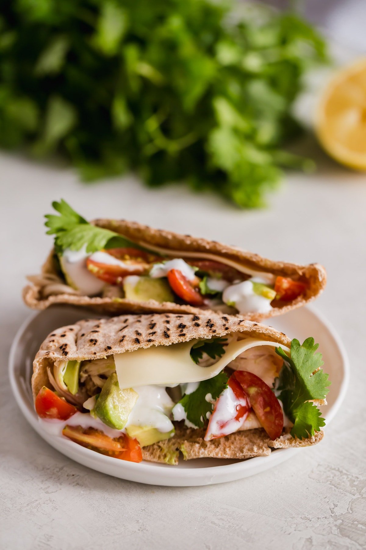 a plate of pita sandwiches filled with shredded chicken, avocado, tomatoes, cheese, and more