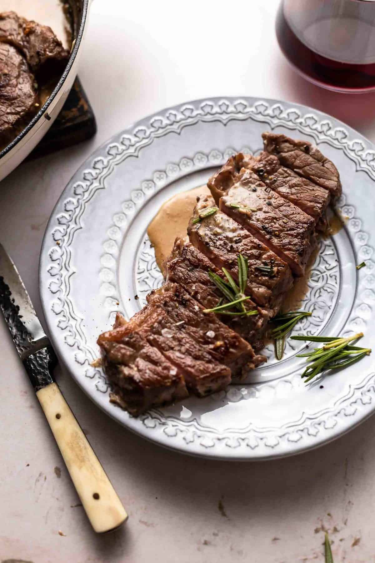 plate with sliced steak