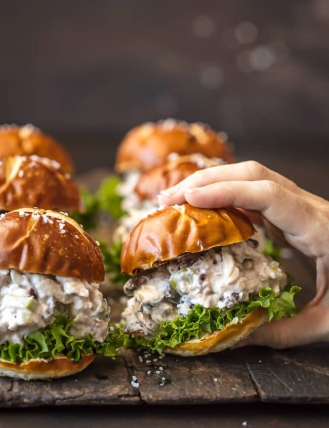 HEALTHY CHICKEN SALAD SLIDERS are perfect for an easy lunch or for parties. This healthy chicken salad sandwich recipe is made with greek yogurt to save calories!