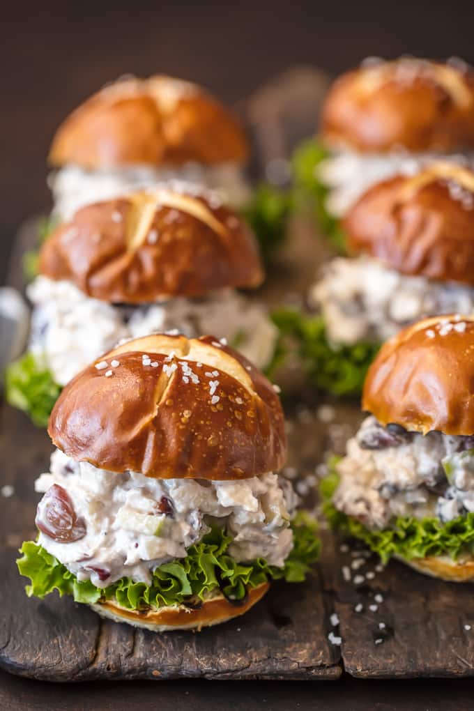 Healthy chicken salad sandwich recipe on slider buns with lettuce