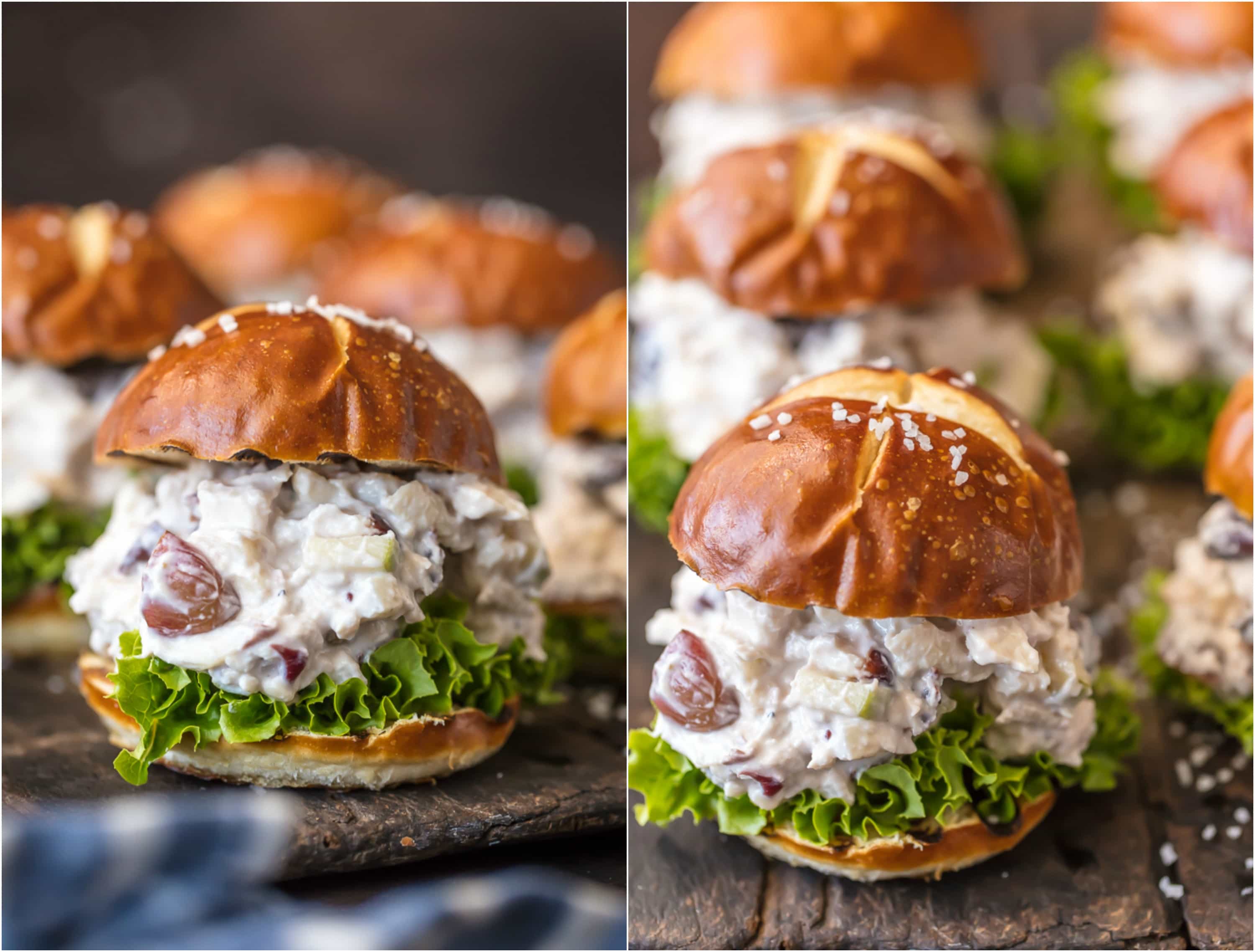 HEALTHY CHICKEN SALAD SLIDERS are just what Summer ordered. So fun for showers, parties, or any get together. You can eat more than one because the base is greek yogurt...guilt free and delicious!