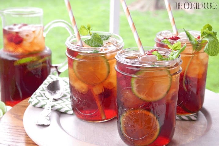 Glasses of Spiked Raspberry Sweet Tea on a table