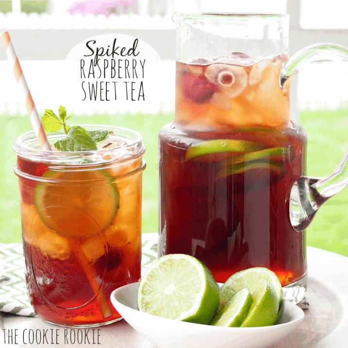 Raspberry Sweet Tea in a pitcher and glass.