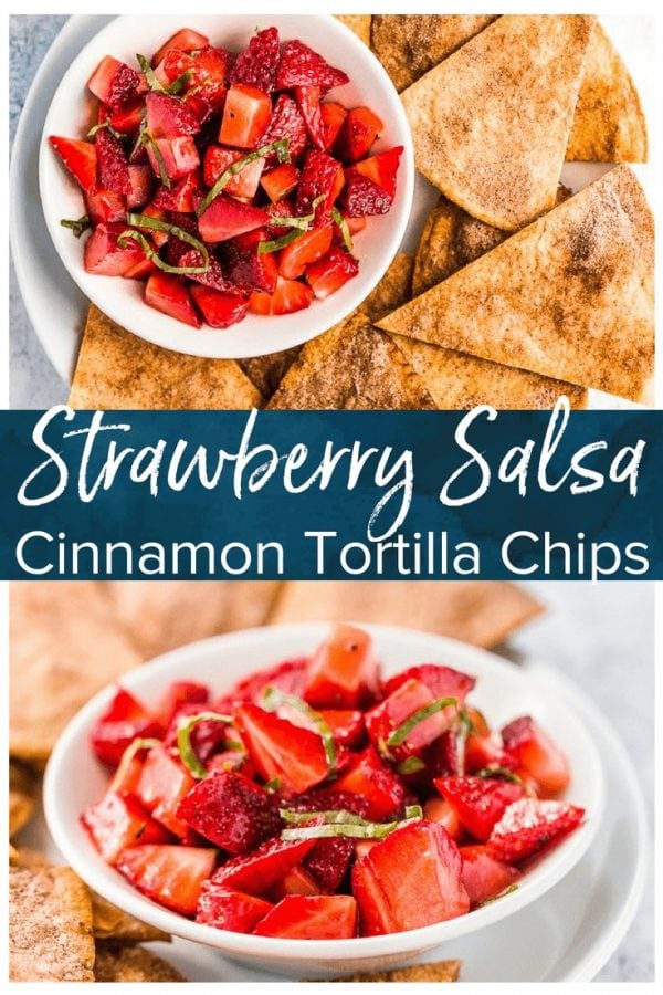 Strawberry Salsa with Cinnamon Tortilla Chips is a fresh & simple summer appetizer. This easy fruit salsa recipe pairs perfectly with homemade cinnamon sugar tortilla chips!