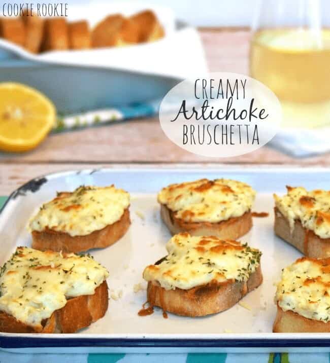 Artichoke Bruschetta made with Creamy Artichoke Dip and Crispy French Bread. Best Appetizer Ever! - The Cookie Rookie