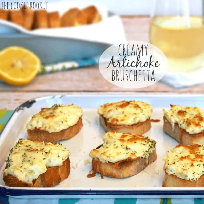 Artichoke Bruschetta on tray.