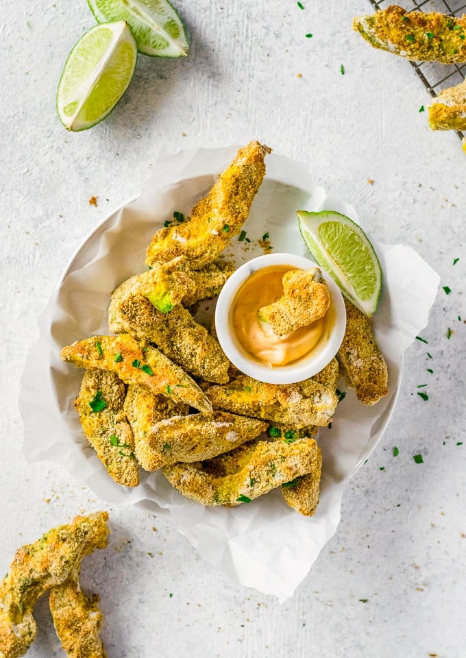 crispy Avocado Fries in a bowl with dip