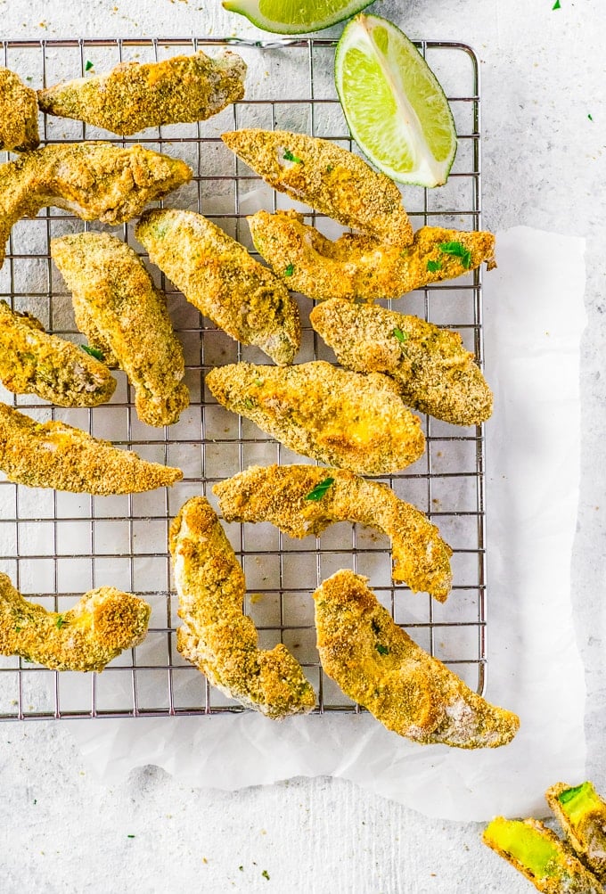 avocado fries on a wire rack