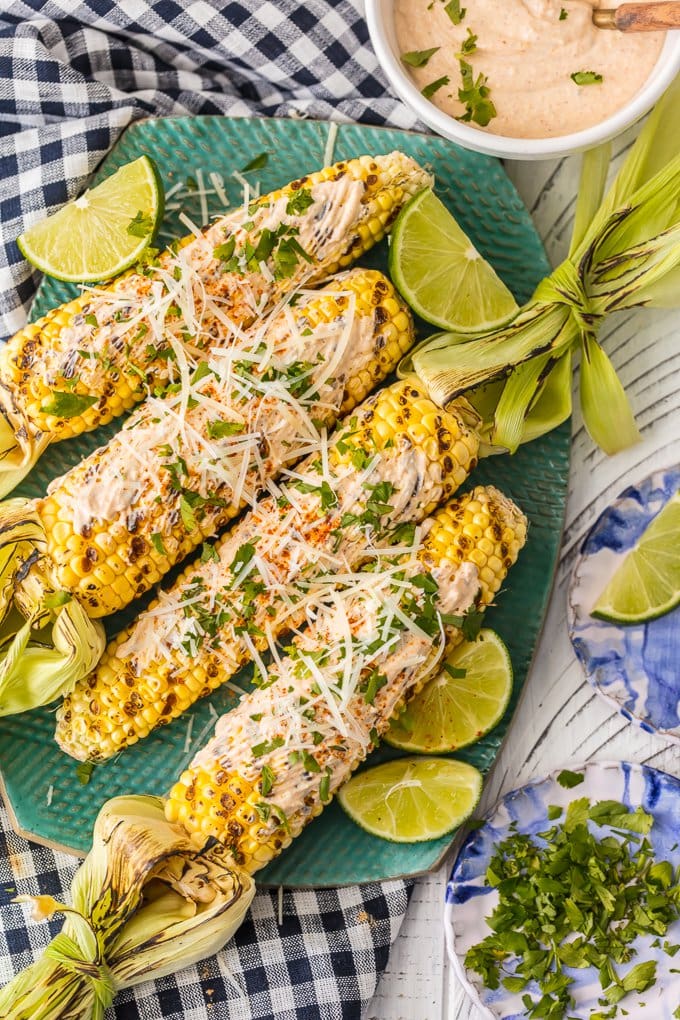 mexican corn grilled and on a platter
