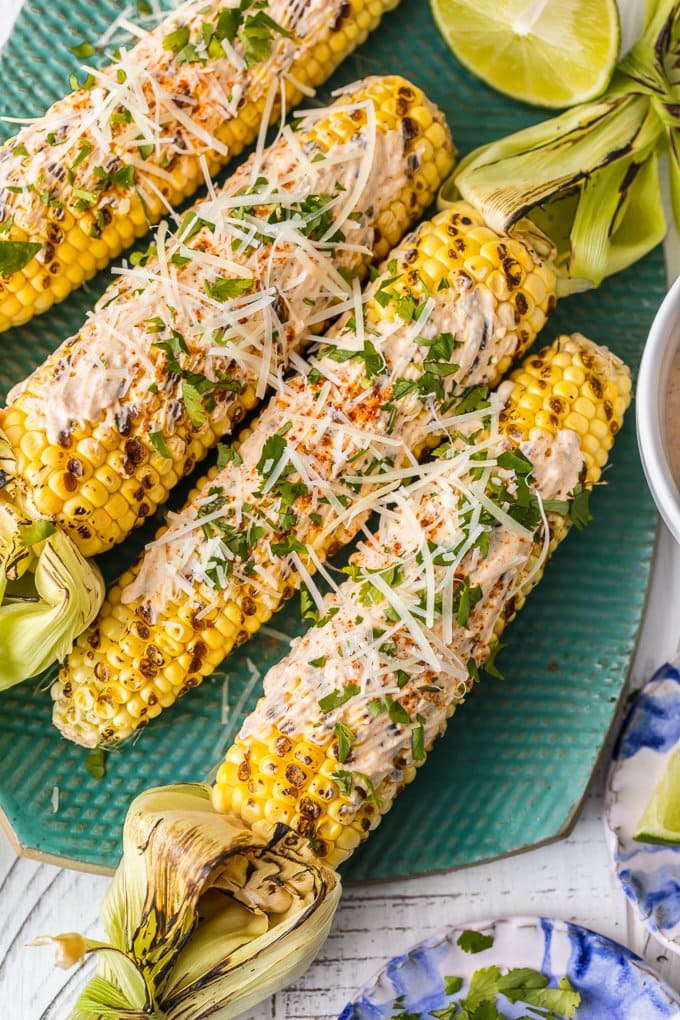 overhead shot of mexican grilled corn on the cob