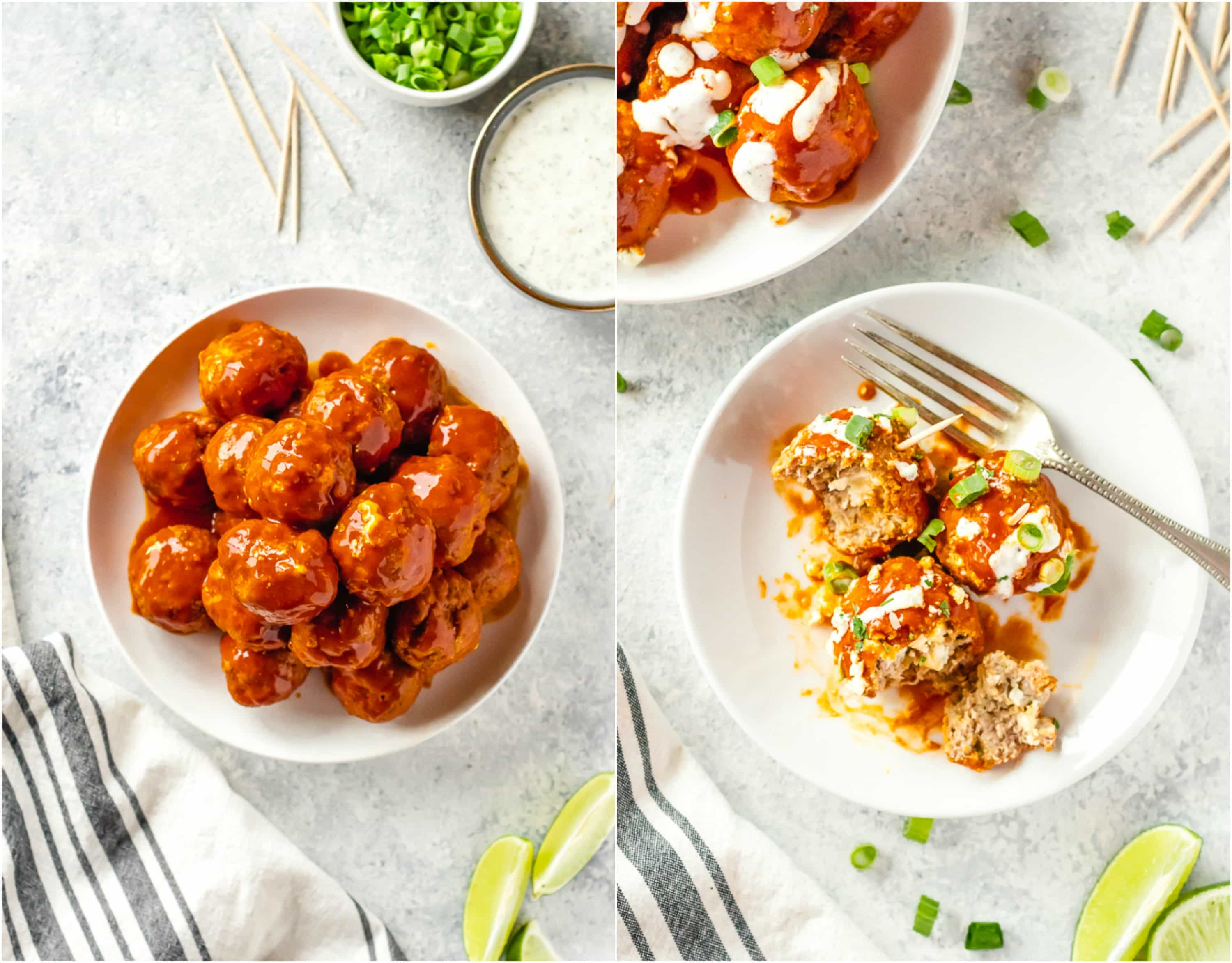 blue cheese stuffed buffalo chicken meatballs on plates