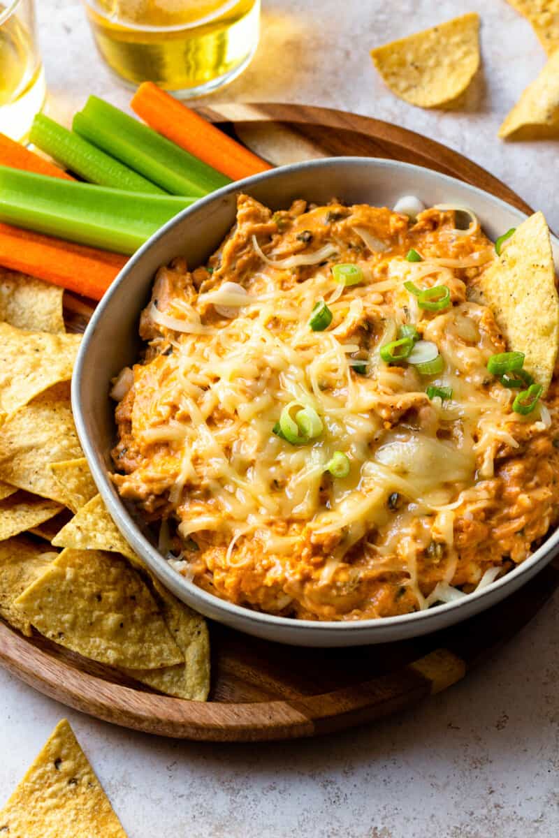 slow cooker bbq chicken dip in gray bowl