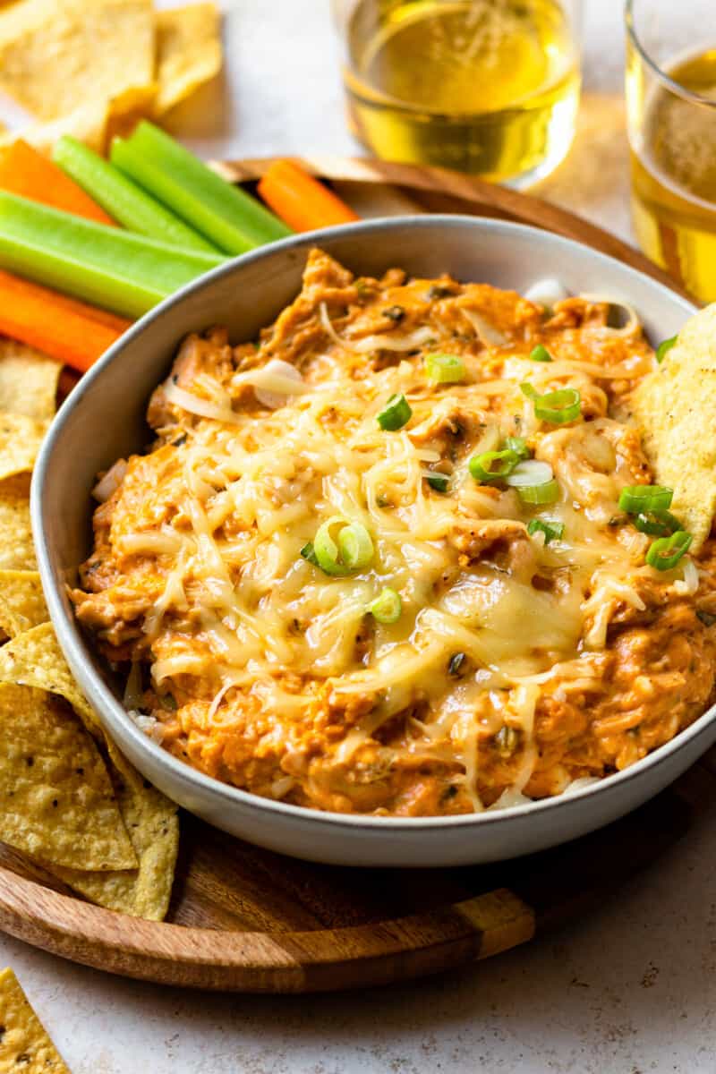 slow cooker bbq chicken dip in gray bowl