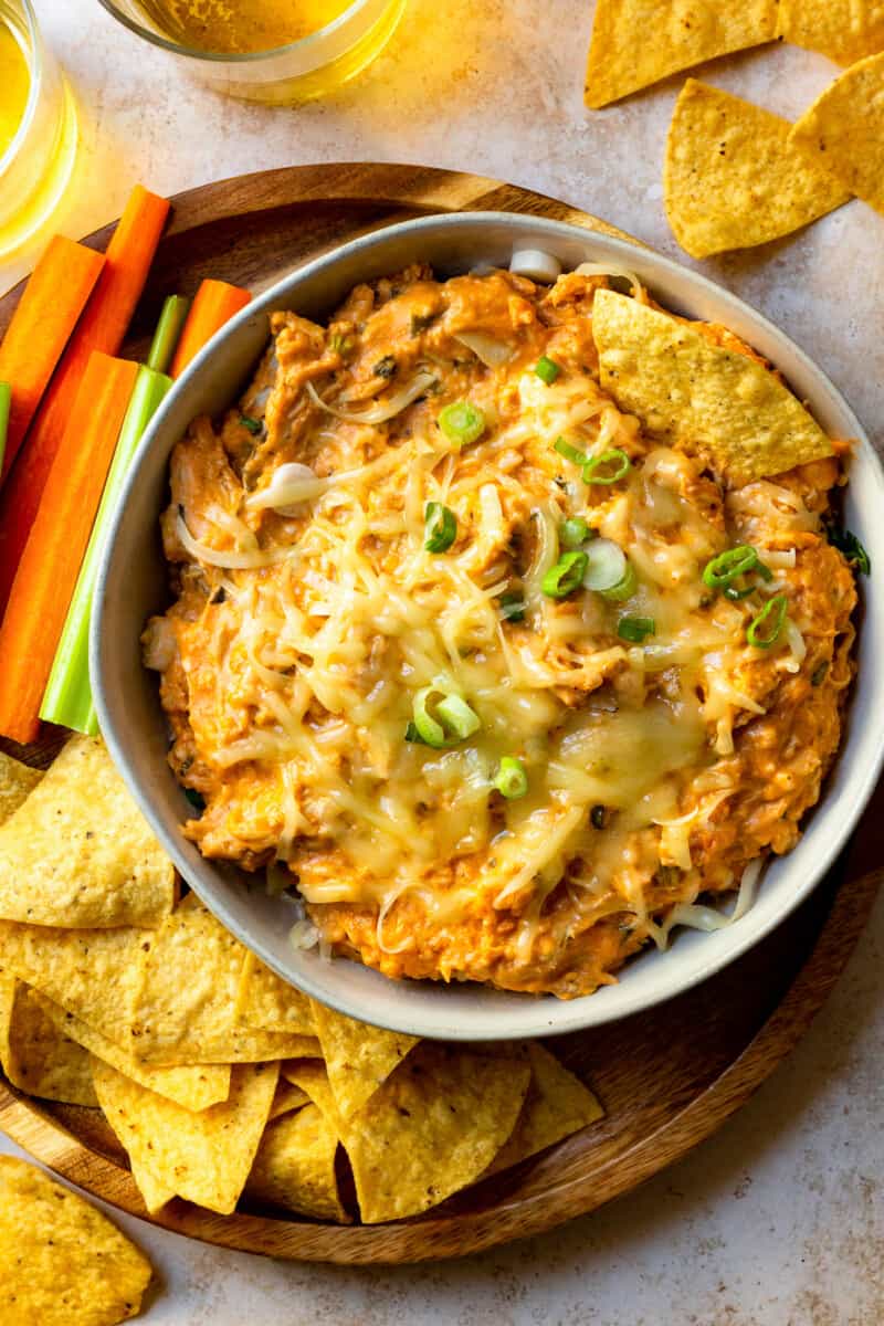 overhead slow cooker bbq chicken dip in gray bowl