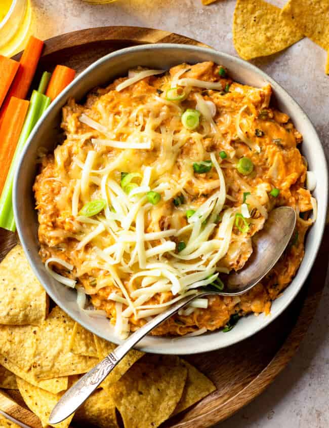 overhead bbq chicken dip with white cheese and chips