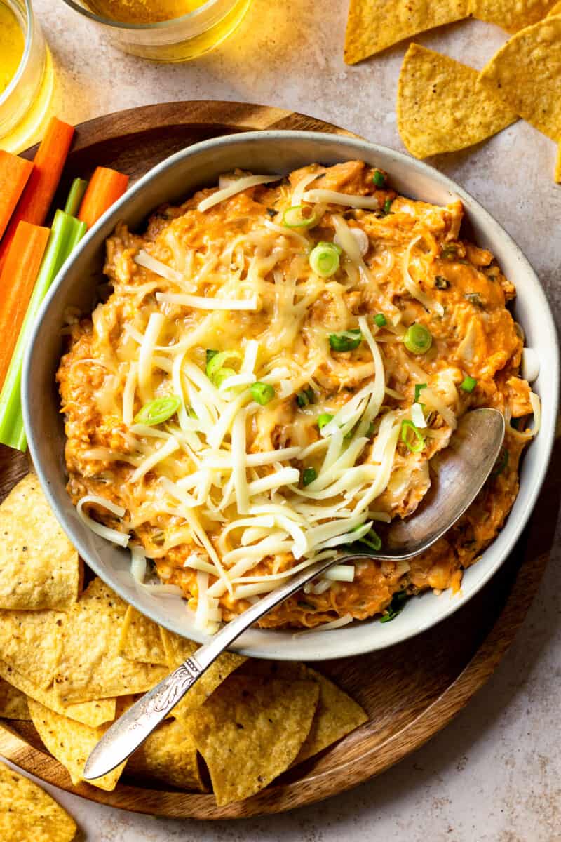 overhead bbq chicken dip with white cheese and chips