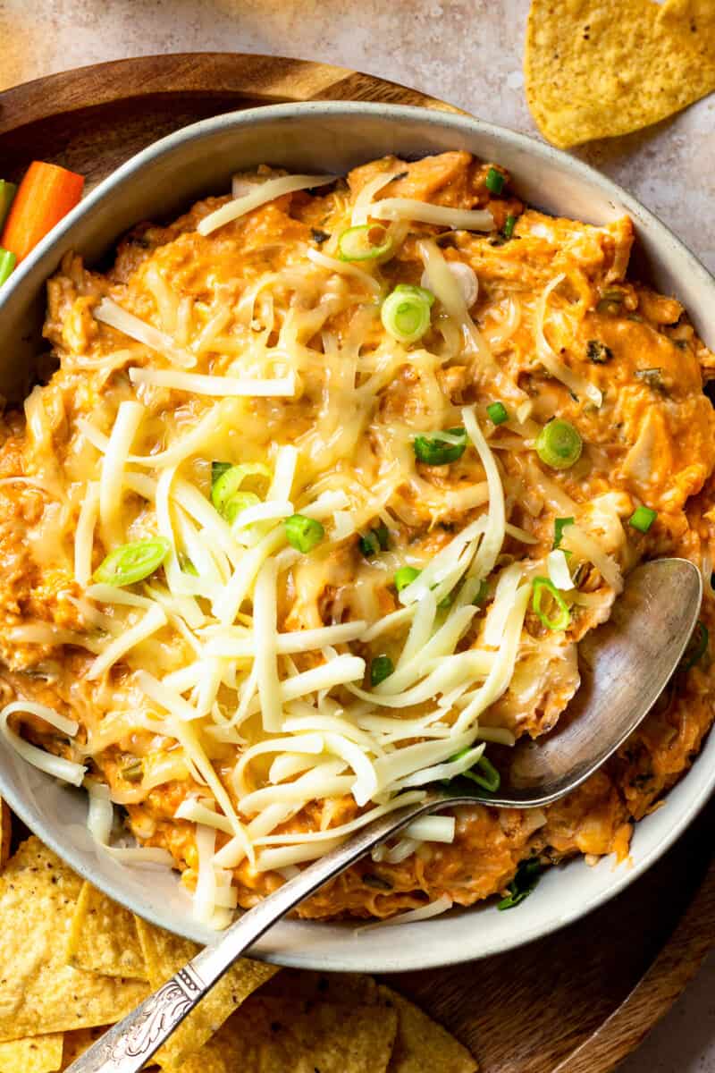 up close crockpot bbq chicken dip in gray bowl with cheese