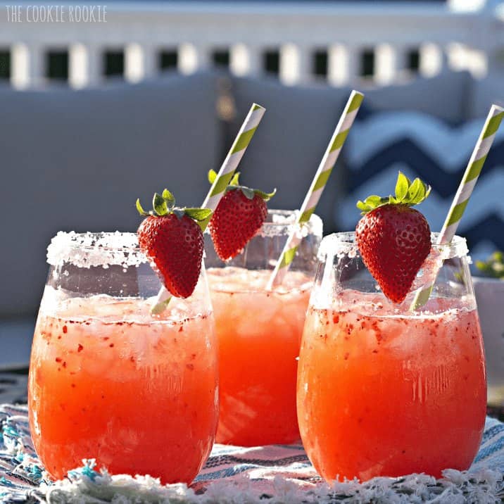 Strawberry Margarita Punch - The Cookie Rookie Strawberry Margarita Punch in three glasses.