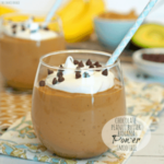 chocolate peanut butter smoothie with bananas and chocolate chips.