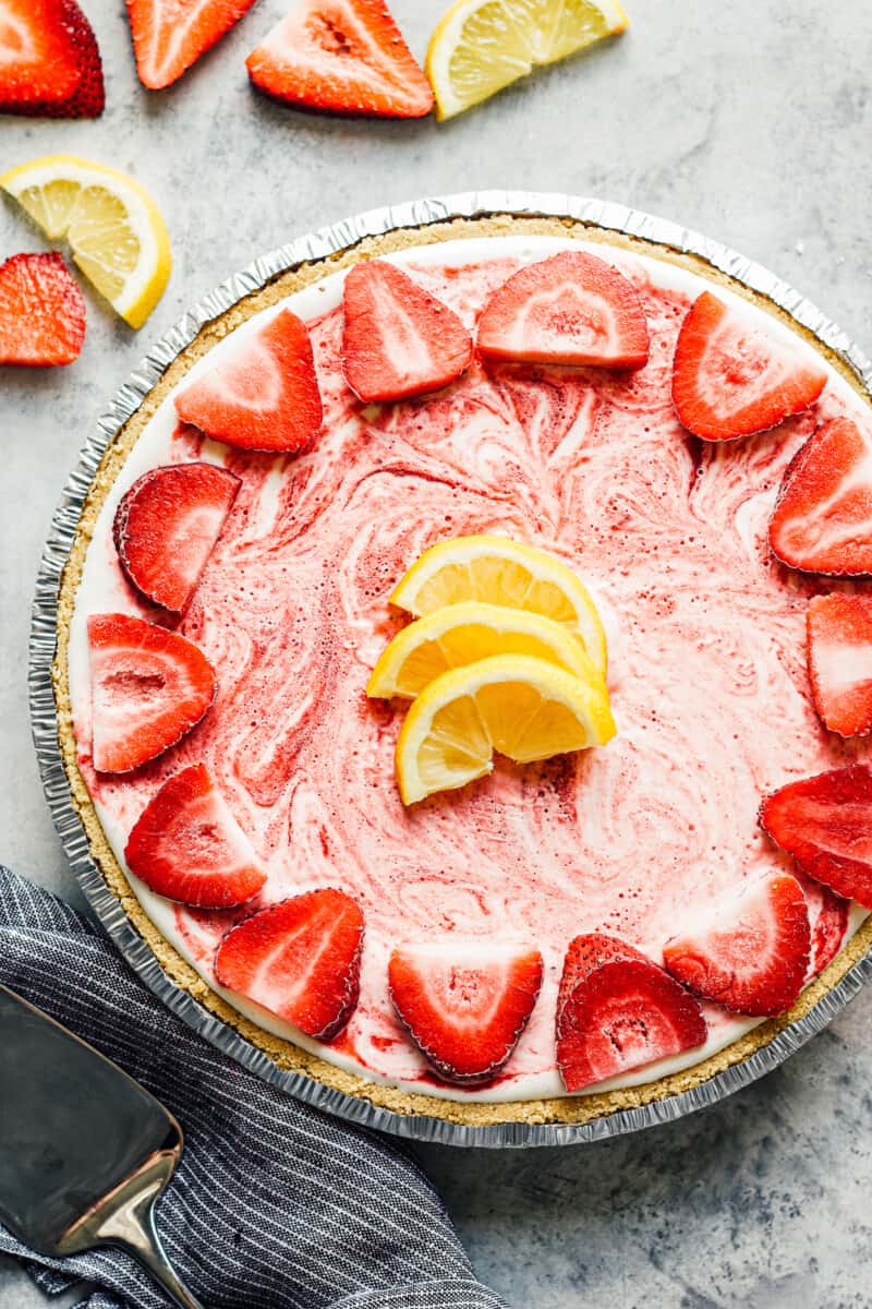 overhead strawberry lemonade pie