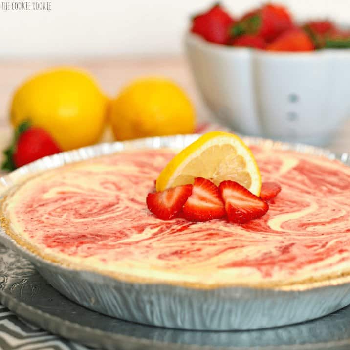 No-bake Lemonade Pie with strawberry and lemon garnish.