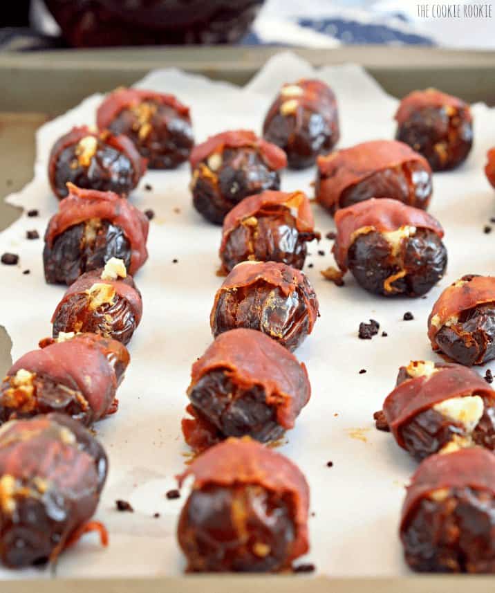 Rows of Stuffed Dates on a tray.